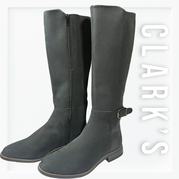 Clarks Camzin Black Leather Block Heel Knee High Boots sz 8.5 - Picture 1 of 15